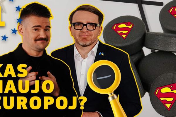 Laidos „Kas naujo Europoj" vinjetė, vaizduojanti nuomonės formuotoją Paulių Mikolaitį ir EK atstovybės vadovą Marių Vaščegą